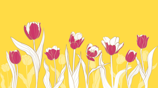 Luxury gold tulip flowers design template. Spring flowers on yellow background for greeting, invitation, wedding card, wall art, wallpaper and print. Vector illustration.
