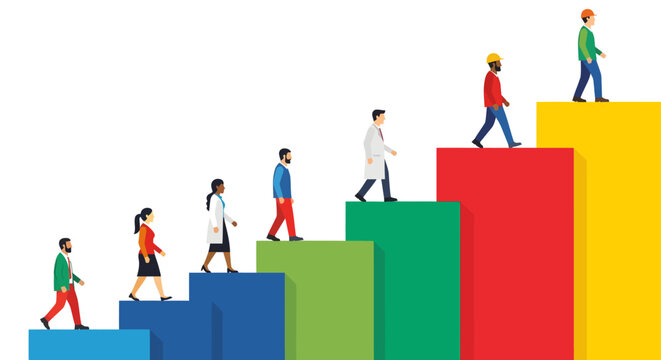 Diverse Professionals Climbing a Colorful Bar Graph Staircase Representing Career Growth and Success