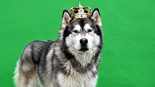 Majestic Alaskan Malamute dog wearing a golden crown against a vibrant green background, looking directly at the viewer.