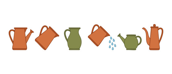 Watering Cans and Pitchers Set, Gardening Tool Collection for Plants Irrigation, Flat Vector Icon Design, Isolated on White Background for Horticulture, Agriculture, and Home Garden Botany Projects © Fernando