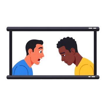 Digital conflict An illustration of an angry man shouting at a sad man on a screen, symbolizing communication breakdown and emotional differences in virtual interactions