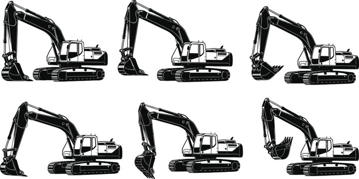Six black and white illustrations of excavators in various poses