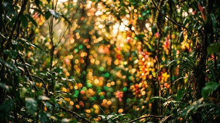 Fototapeta premium Amazon Sunset Canopy: Life-affirming jungle bokeh in deep green, gold, and amber. Filtered sunlight and luminescent tropical flowers create a dense, layered, and biodiversity-rich scene.