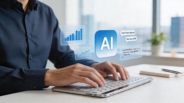 Man typing on keyboard with AI artificial intelligence hologram interfaceshowing data charts and codein background for technology innovation and digital transformation