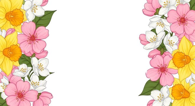 Beautiful floral border with yellow daffodils and pink cherry blossoms, perfect for spring and summer designs