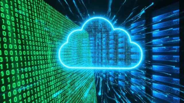 A futuristic digital illustration shows a glowing blue cloud emerging from a green matrix of binary code on a dark background.