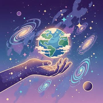 A Cosmic Hand Gently Holds Earth Amidst Swirling Galaxies and Nebulae, Symbolizing Protection and the Vastness of the Universe