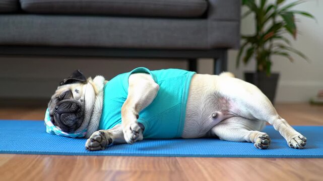 A delightful fawn pug in a cerulean blue t-shirt, sleeping on its back with a twitching leg on a deep blue yoga mat, soft light, cozy background, creating whimsical domesticity