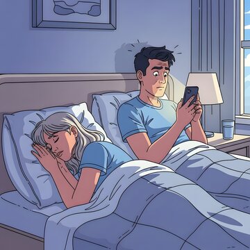 Couple in Bed, Woman Asleep While Man Engaged with Smartphone, Digital Distraction in Relationship