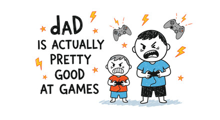 Fototapeta premium Funny father son gaming illustration, cartoon dad and child playing video games, humorous gaming vector