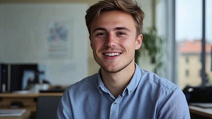 Obraz premium Confident Young Man in Modern Office Smiling Brightly, Showcasing Professionalism and Success