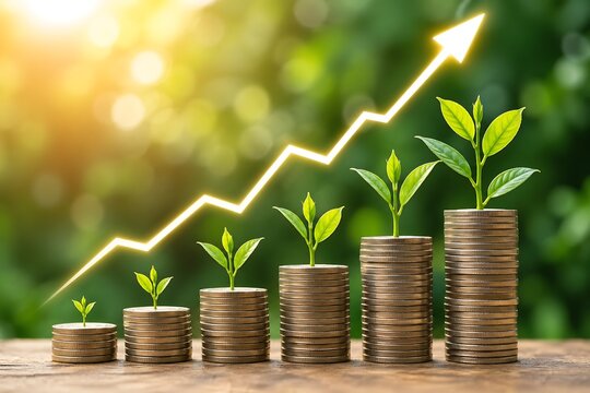 Growing plant with stacked growth investment, coin sseedling, young plant and rising graph symbolizing financial growth and investment