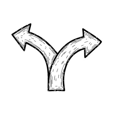 Conceptual hand-drawn sketch of two diverging arrows, illustrating the challenge of making a significant choice, decision, or facing a crossroads in a journey or career path