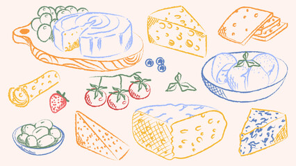Hand drawn colorful crayon cheese set with various types of cheese, charcuterie boards, grapes and tomatoes. Blue ink line art vector illustration of dairy products and snacks for menu design. © Ayaulym