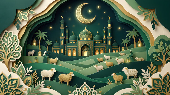 Luxurious Eid al Adha papercut landscape with mosque crescent moon sheep and green gold layered Islamic decorative art scene