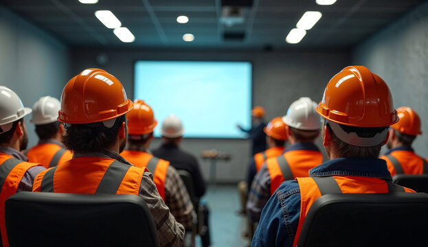 Construction workers are having a meeting in an industrial building with a explaining in front of a screen.