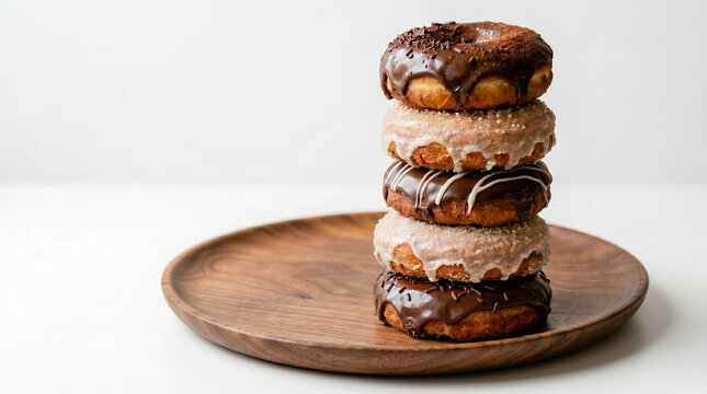 ​A tall, appetizing stack of five assorted donuts, featuring rich chocolate and white glaze, rests elegantly on a round wooden plate against a clean, white background.