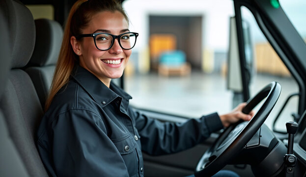 A cheerful young woman wearing a work uniform jacket sits in the driver seat of a delivery truck.