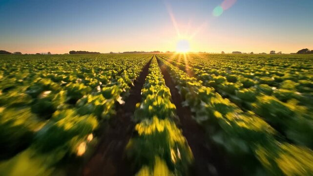 Sunrise over green lettuce field with rows of crops stretching into horizon under sunlight, showcasing fresh plant growth, healthy soil, and vibrant agriculture landscape outdoors