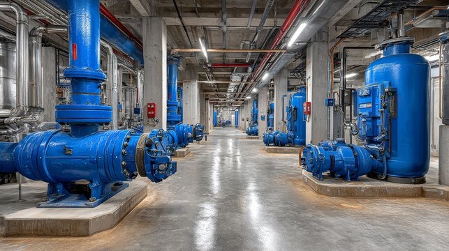 Industrial water pumping station with pipes, tanks and machinery, modern utility infrastructure for energy and water management, technical facility exterior view
