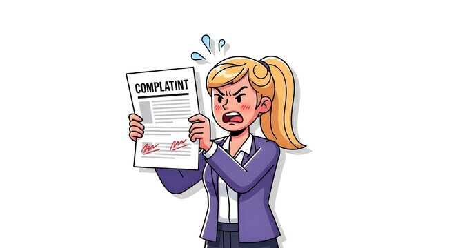 Frustrated woman holding a complaint letter, expressing anger and dissatisfaction with a document