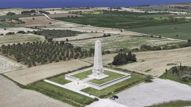 Aerial Drone View of Helles Memorial at Gallipoli Peninsula Canakkale World War I Memorial Turkey