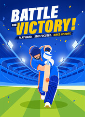Obraz premium Cricket Victory Poster with Player Celebrating Win on Stadium Field Under Bright Lights Championship Sports Illustration