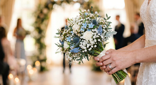 Close-up of a bride holding a beautiful blue and white wedding bouquet with baby's breath, blue thistles, and white roses.