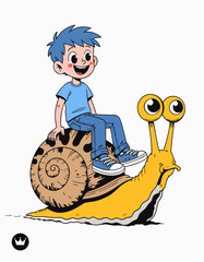Naklejka premium Happy boy riding giant yellow garden snail cartoon style illustration