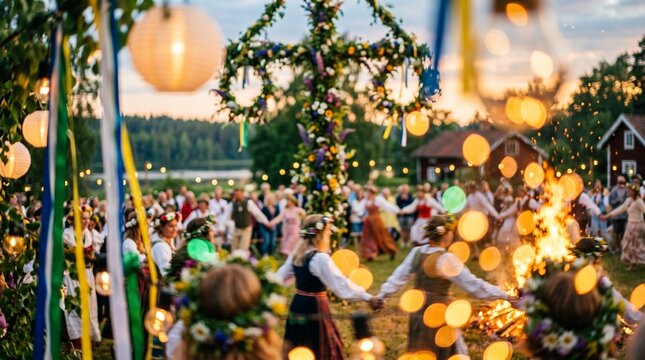 Swedish Midsommar Ritual: Joyful gold and soft green bokeh from Maypole ribbons and bonfires. Captures the euphoric energy of Nordic seasonal rituals against a bright summer sky.