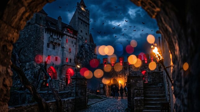 Transylvanian Castle Gothic: Dramatic blue moonlight and blood-red accent bokeh. Orange torchlight against stone walls evokes a high-drama Gothic atmosphere and classic vampire mythology.