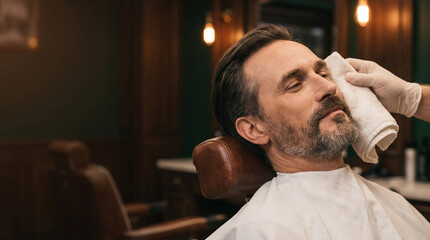 Fototapeta premium Man receiving facial treatment in barber shop with soft lighting 