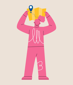 Woman holding a map with a way and a pin mark. Target or destination concept. Colorful vector illustration