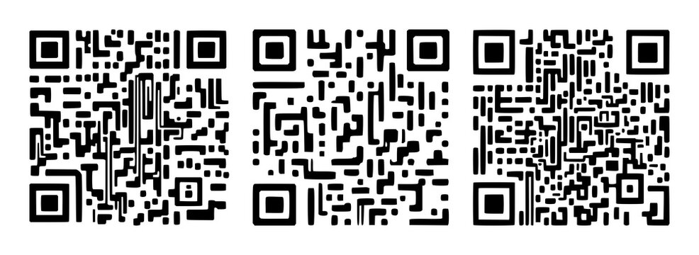 QR code set with crisp black line art on white background featuring digital symbols, barcode, connectivity with high contrast and minimalism