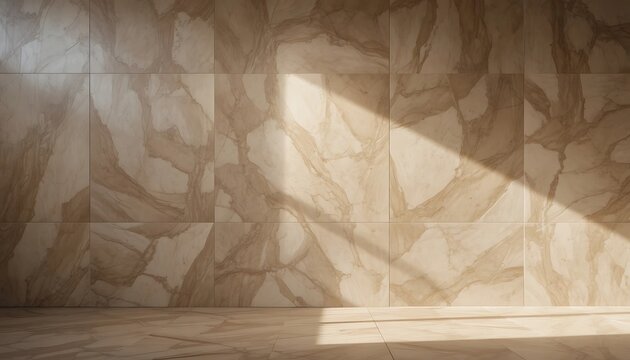 Polished Marble Tiled Wall and Floor with Diagonal Sunlight Shadows, High-End Architectural Background for Interior Design Mockups, Luxury Stone Texture with Beige and Brown Veining Patterns