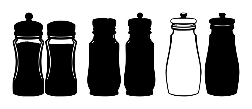 Salt and pepper shakers set with black silhouette shapes against white background featuring kitchen accessories, dry seasonings, tableware with monochrome and cooking tools