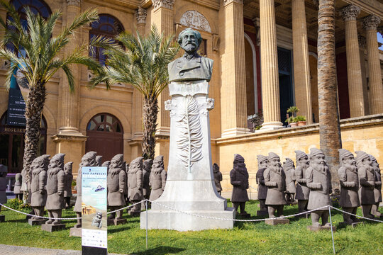 March 07, 2026, Palermo, Sicily, Italy. Outdoor exhibition Max Papeschi Extinction installation near Teatro Massimo featuring sculptural figures and monument. Contemporary art event