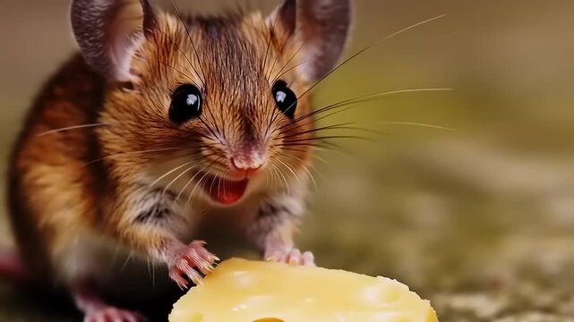 A Close-Up Shot of a Curious Mouse Nibbling on a Piece of Cheese, Showcasing its Tiny Paws and Whiskers in Detail