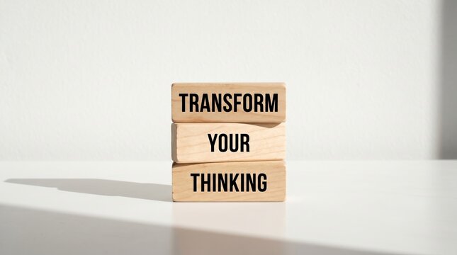 Transform your thinking motivational quote concept on stacked wooden blocks over minimalist background with transform