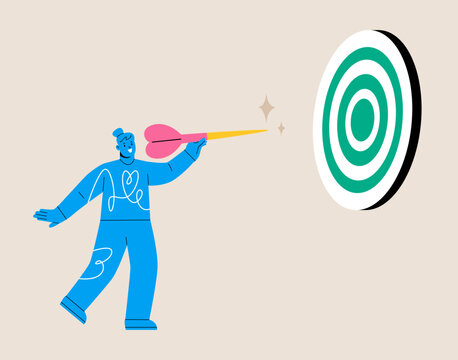 Woman throw dart aim to hit dart board. Colorful vector illustration