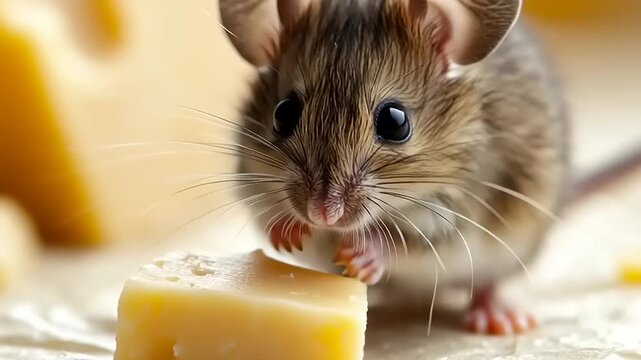 A curious little mouse eagerly nibbling on a delicious piece of cheese, captured in a close-up, detailed shot with a shallow depth of field