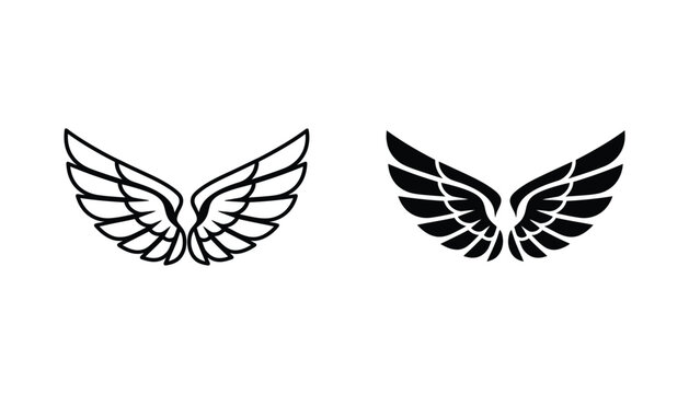Stylized bird wings graphic set featuring detailed feather linework and solid black silhouette versions for versatile design application