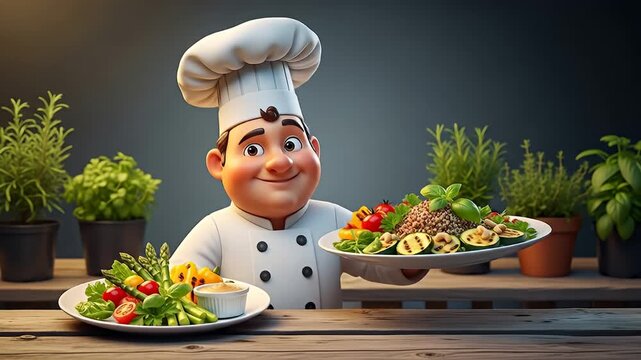 Cartoon chef presenting plates of colorful, healthy food on a rustic wooden table