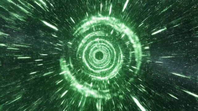 Abstract green tunnel with bright light and stars moving fast through space. Futuristic digital art background