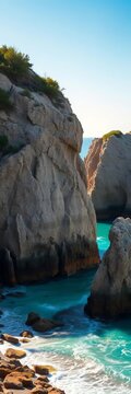 Turquoise water lapping at base of ancient sea stacks, ||sea stacks, Balnail