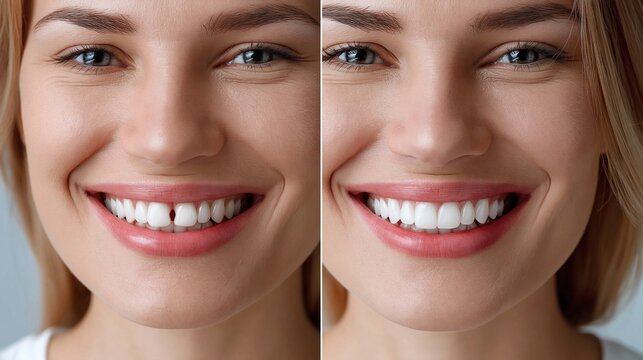 Closeup side by side comparison of a woman's smile showing the successful closure of a front teeth gap using dental veneers or braces.