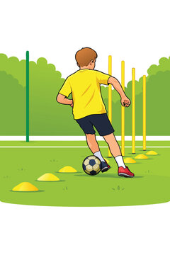 Young boy practicing soccer drills by dribbling a ball between cones on a green field.