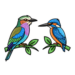 Fototapeta premium Two colorful birds perched on a branch with green leaves