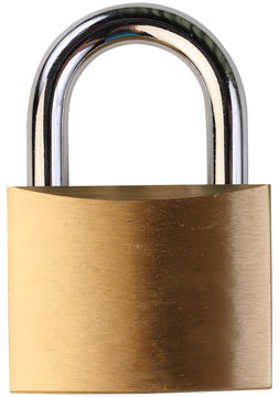 Golden brass padlock with silver shackle isolated on transparent background