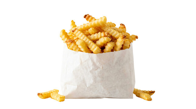 Crunchy golden french fries in a white paper bag on a white background